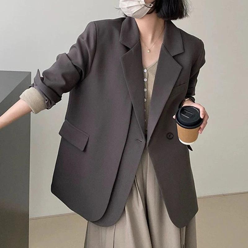 Spring Autumn Elegant Grey Women's Blazer Jacket Long Sleeve Single Button Office Lady Loose Outwear for Women