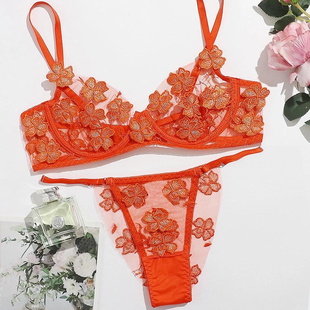 Women's Sexy Floral Embroidered Mesh Suits with Applique Bras