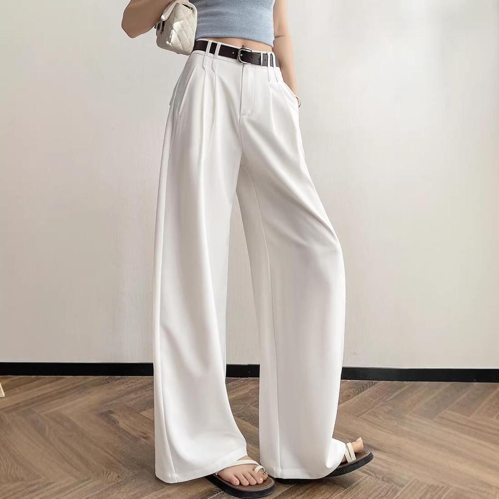 2026 Spring/Summer Women's High-Waisted Wide-Leg White Pants - Casual, Slimming, Lazy Style