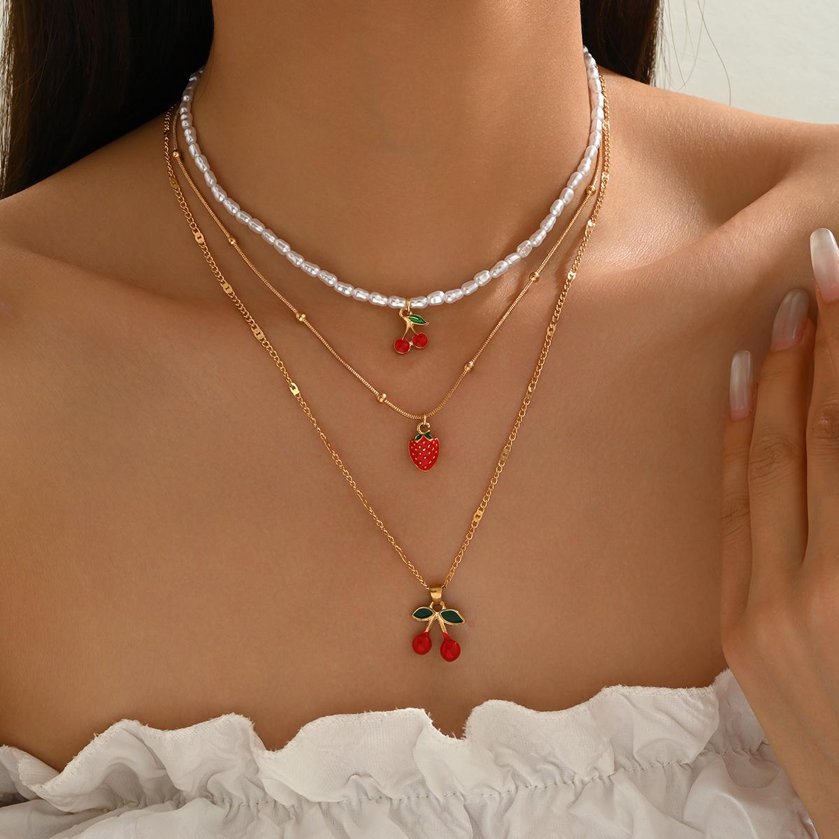 3PCS Gold Tone Layered Choker Necklace Set Faux Pearl Cherry Strawberry Charm Y2K Cute Summer Trendy Jewelry