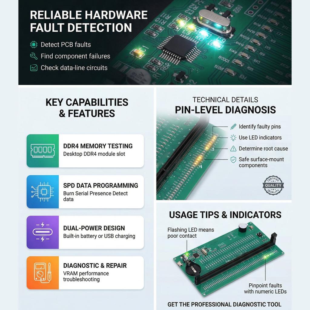 RAM-Speicher-Testkarte für Desktop-Computer DDR4 Diagnose-Analysator mit LED-Licht SPD-Brennen Multifunktional für die Wartung
