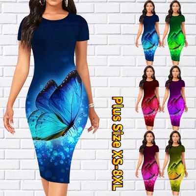 Vestido Ajustado de Manga Corta hasta la Rodilla Moda Mujer Midi Vestido con Estampado de Mariposas Coloridas 3D