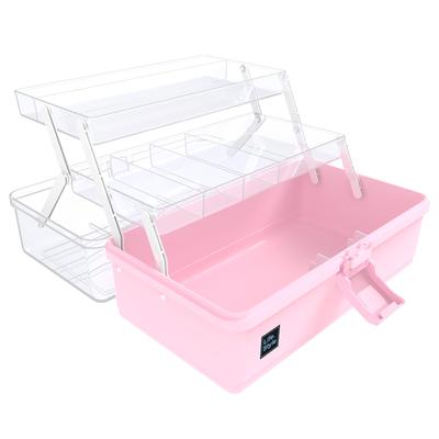 Craft Organizer and Storage Box, 13-inch, 3-tier, Multifunctional Plastic Sewing Organization Box with Handle (Pink)
