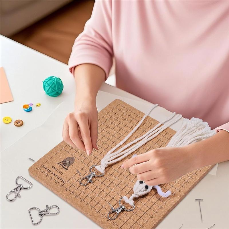 Wood Wooden Macrame Board 11X11 Inch With 40 Meter Cotton Cord, 10Pcs Keychains, Pins Set For Braiding Weaving Supplies Kit