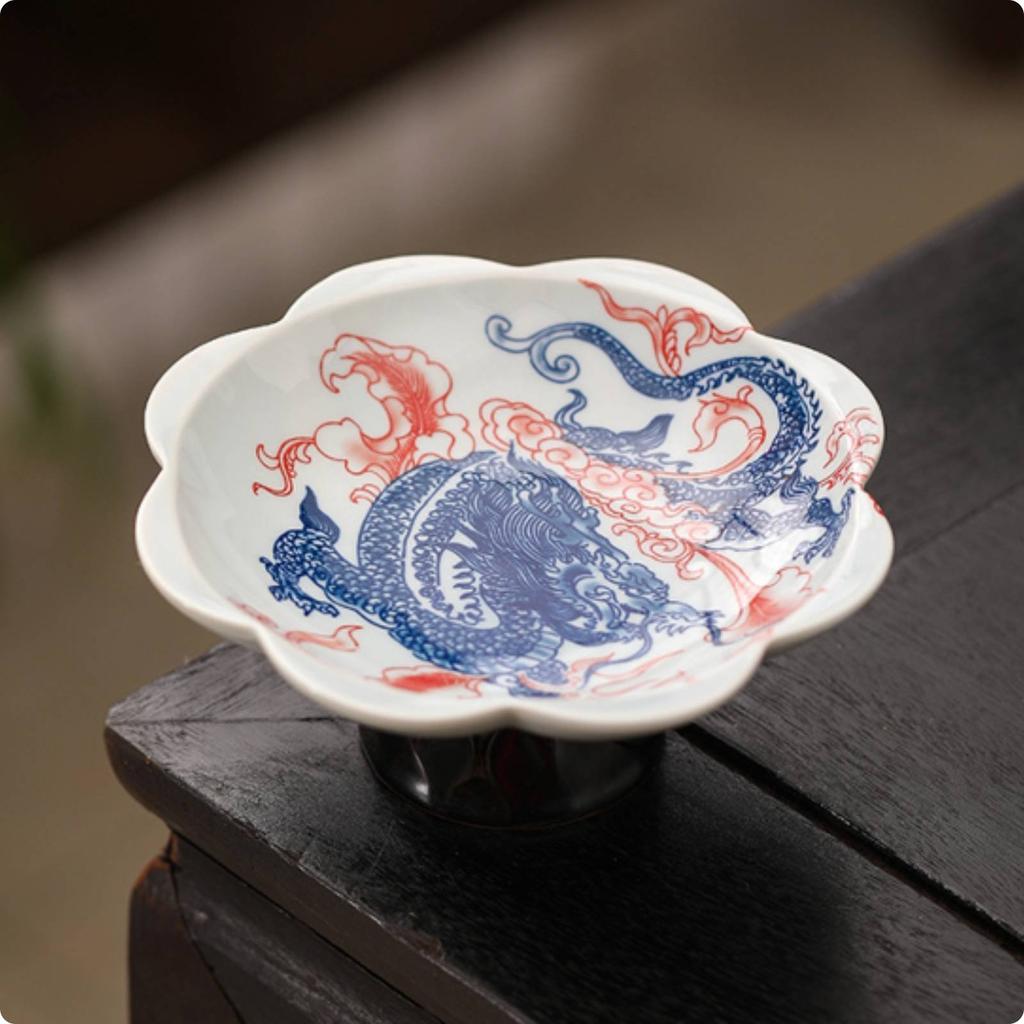 Blue and White Pedestal Bowl Decorative Porcelain Fruit Bowl Porcelain Tea Snack Plate Easy To Clean Pedestal Dessert Plate