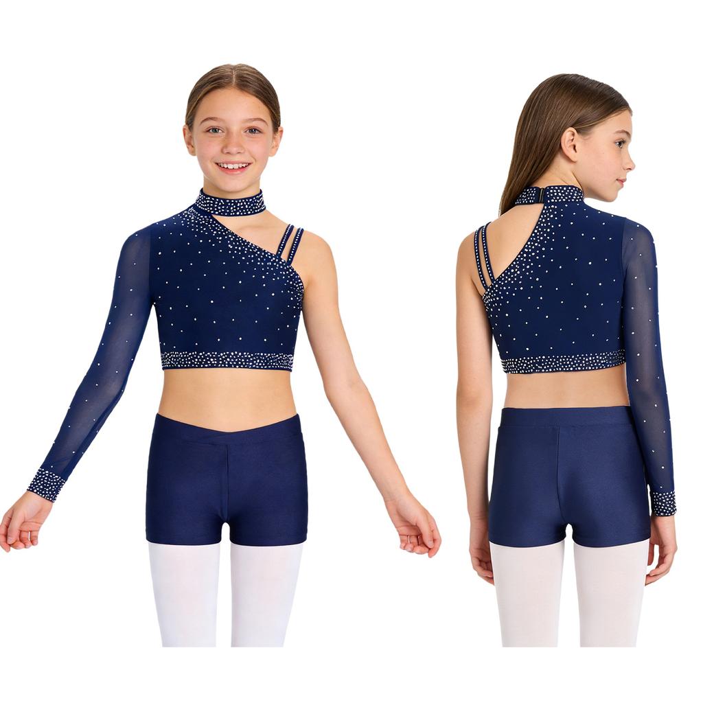 Třpytivý crop top na tanec s kamínky pro dívky: Šortky s nepravidelným ramenem a V-předním pasem pro taneční vystoupení