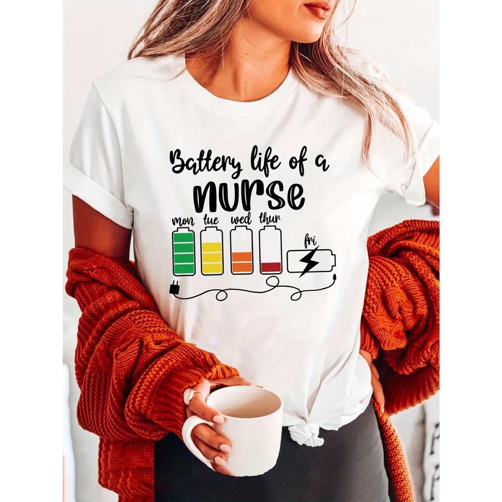 Battery Life of A Nurse Letter Print Crew Neck T-shirt, Short Sleeve Casual Sports Top