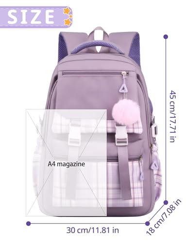 Maeau Backpack/Shoulder Bag for Girls, Elementary School Students, Waterproof, Large Capacity, Nylon Check, Korean Style, School-Style, Purple