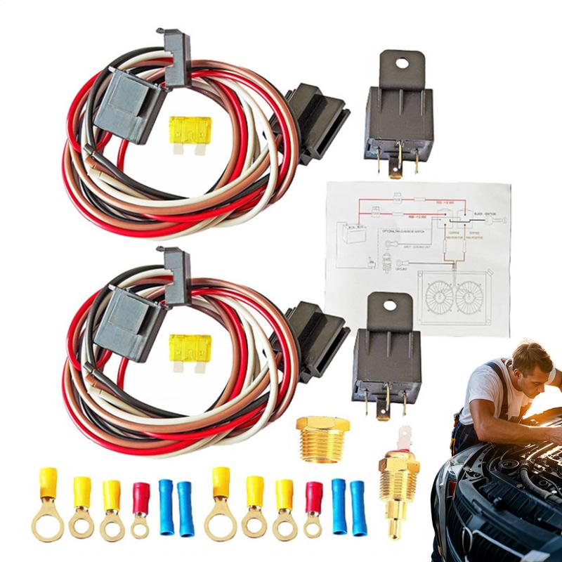 

Automotive Relay Kit Double Electric Fan Wiring Kit 12V40A Waterproof Accessories With Temperature Sensor For Rainy Days CHINA