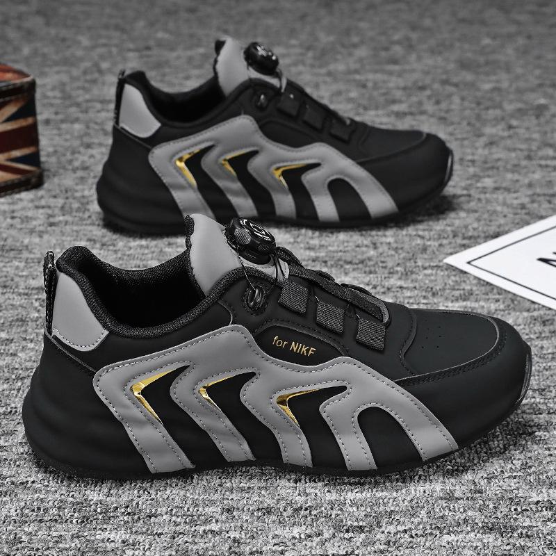 

Мужские кроссовки с вращающейся пряжкой 2024 года, новые удобные нескользящие прочные туфли на шнуровке для мужчин, для активного отдыха, вулканизированная обувь 39 чёрный
