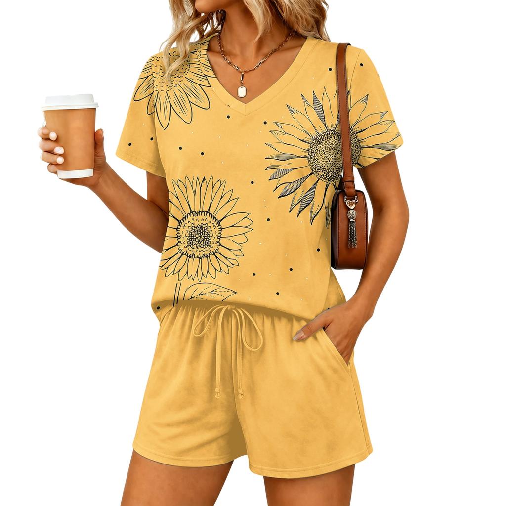 Women Two Piece Set V Neck Short Sleeve Top with Floral Print and Elastic Waist Drawstring Shorts Casual Lounge Wear