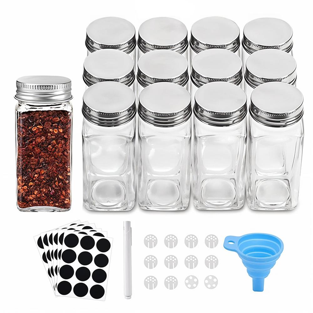 12PCS Glass Spice Jar Set, 120ml Square Seasoning Storage Bottles with Shaker Lids, Includes Pen, Stickers, Funnel, Kitchen Storage Organization Set