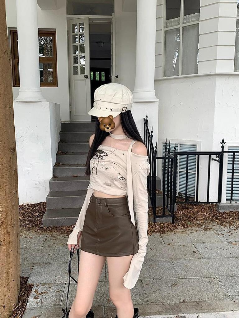 Women's PU Leather A-Line Skirt - High Waist, Slim Fit, Coffee Color, Autumn/Winter 2023 Collection