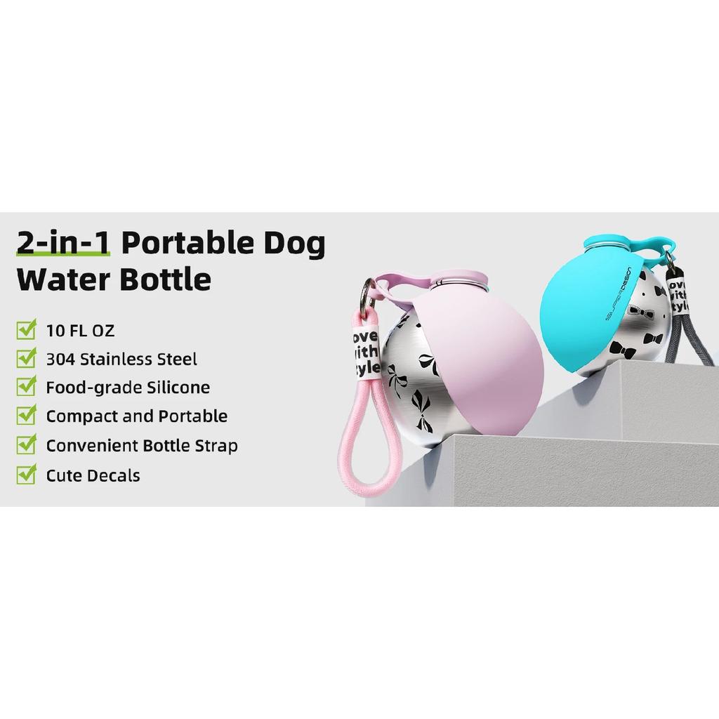 2‑in‑1 Leak‑Proof Compact Portable Dog Travel Water Bottle, Stainless Steel Pet Drink Bottle for Small Dogs with Silicon
