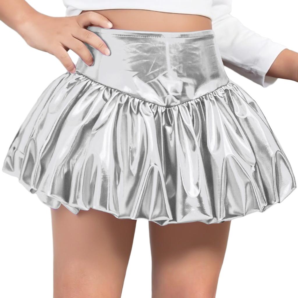 Girls Metallic Bubble Skirt Elastic Waistband Shiny Bud Skirt Sparkly Performance Costume