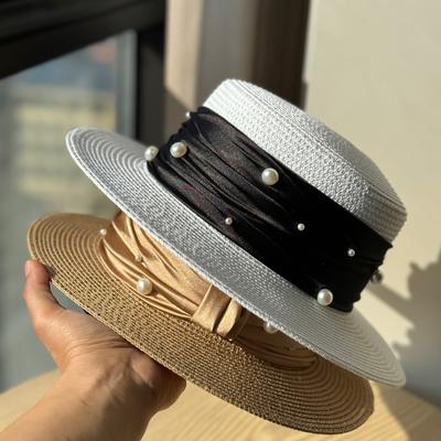 Vintage French-Style British Pearl Flat-Top Hat for Women, Spring and Summer Travel Sun Protection Straw Hat, Versatile and Elegant