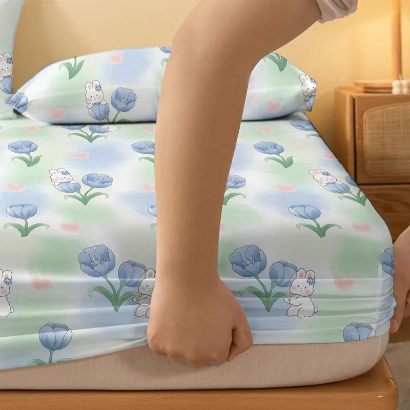 1 Cartoon Cute Plant Flower Rabbit Printed Matte Fitted Sheet, Bedroom Printed Bed Cover, Bedding (Excluding Pillowcases)