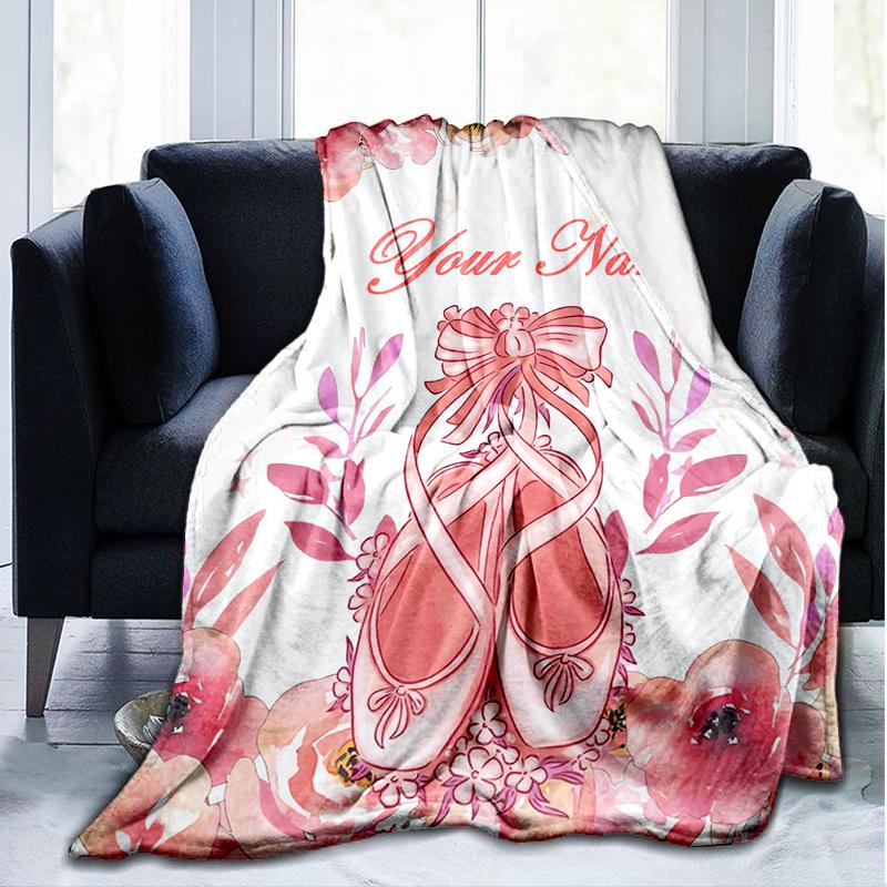 1PC Custom Name Dance Shoes Floral Background Outdooor Flannel Blankets Patterns Throw Blanket All-Season Soft Gift for Couch, Bed, Camping Gifts