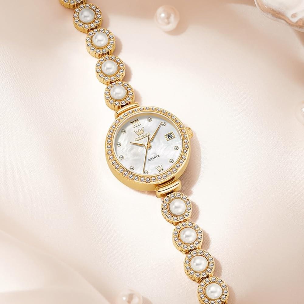 OLEVS Women's Small Waterproof Quartz Watch 3 ATM Gold Metal Band Pearl Bracelet White Mother-of-Pearl Dial