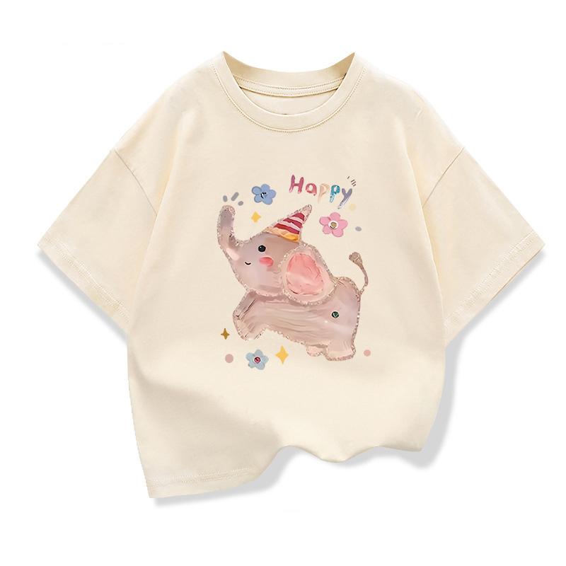 

2026 New Arrival Girls Loose Cotton T-Shirt Cute Elephant Print Short Sleeve Crew Neck Tops For Kids Summer Casual Wear 110