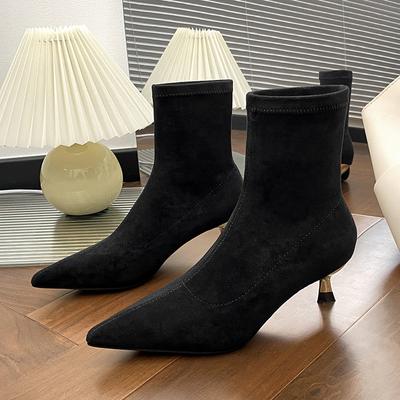 Autumn and Winter New Pointed Short Boots Women's Soft Leather Fashion Cat Heel Suede Elastic Thin Boots Thin Heel Bare Boots