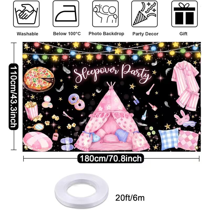 

2D Slumber Party Photo Background, Black Starry Sleepover Party Backdrop Banner for Kids Girls Birthday Decor 47.2x31.5inch/120*80cm