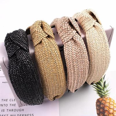 Neues Raffia Handgefertigtes Stirnband Geknotetes Haarband Einfarbiges Stirnband für Frauen Frühling Sommer Schleife Haarreif Haarschmuck