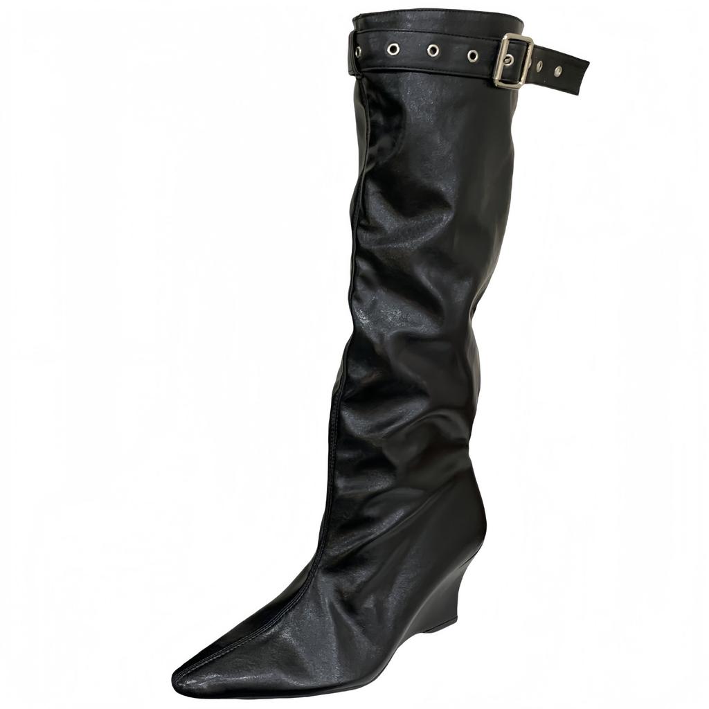 2025 new over-the-knee boots women's niche belt buckle stacking boots tall knight boots wedge heel western cowboy boots