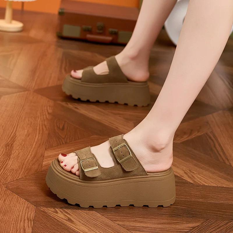 Fashion 7CM Suede Leather High Brand Comfy Peep Toe Slippers Fashion Platform Wedge Flats Sandals Summer Chunky Sneaker Hook Shoes Women