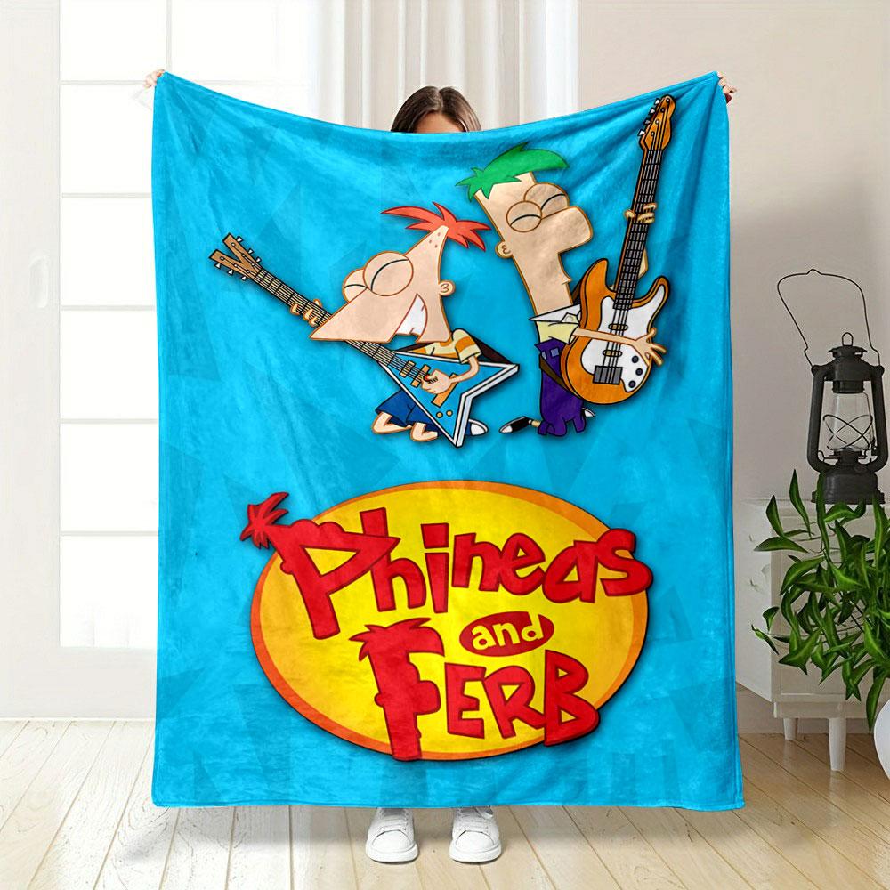 Two cartoon characters playing guitars with a yellow logo below them. for all seasons blanket lunch break throw gift