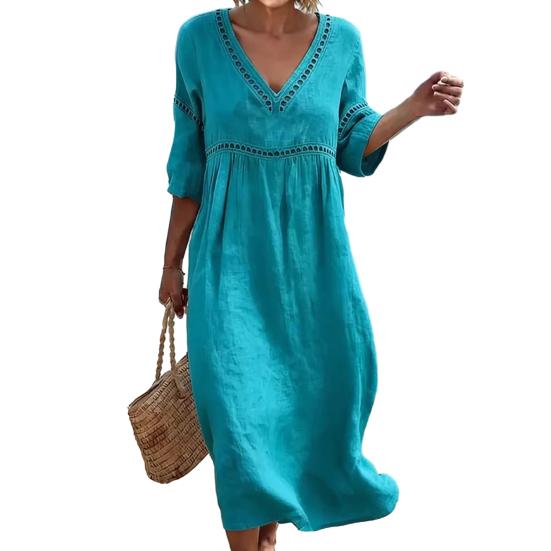 Summer Linen Dress for Women, Casual Beach A-Line Flowy Sundress, Short Sleeve V Neck Hollow Eyelets Long Dress