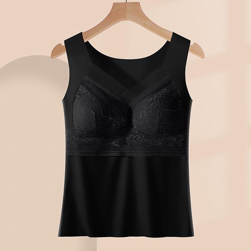 Lace Trim V Neck Tank Top With Built In Bra L чёрный