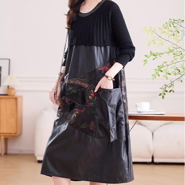Women's long Sweater Dress Knitted Patchwork PU Leather A-Line Dress Plus Size Knitted Dress for Autumn and Winter ...