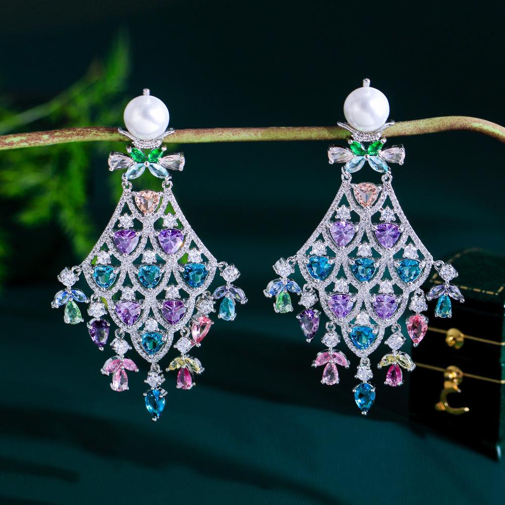 Fashion Light Luxury Color Zircon Fan-Shaped Fringed Earrings Dress Long Silver Needle Dinner Party Earrings Accessories