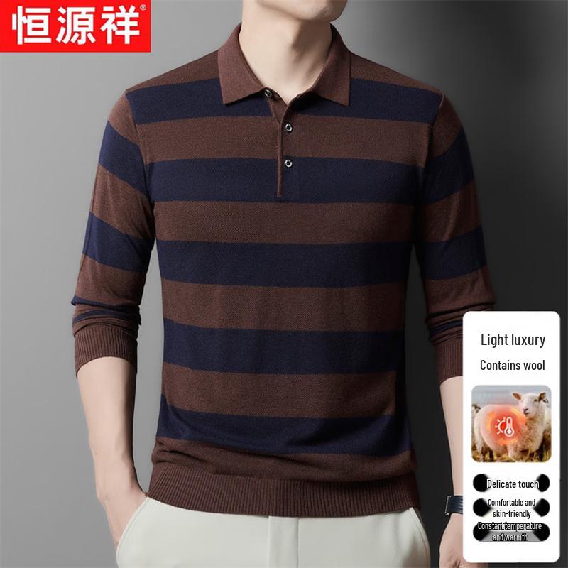 Hengyuanxiang Men's Striped Polo Neck Wool Blend Base Layer T-Shirt