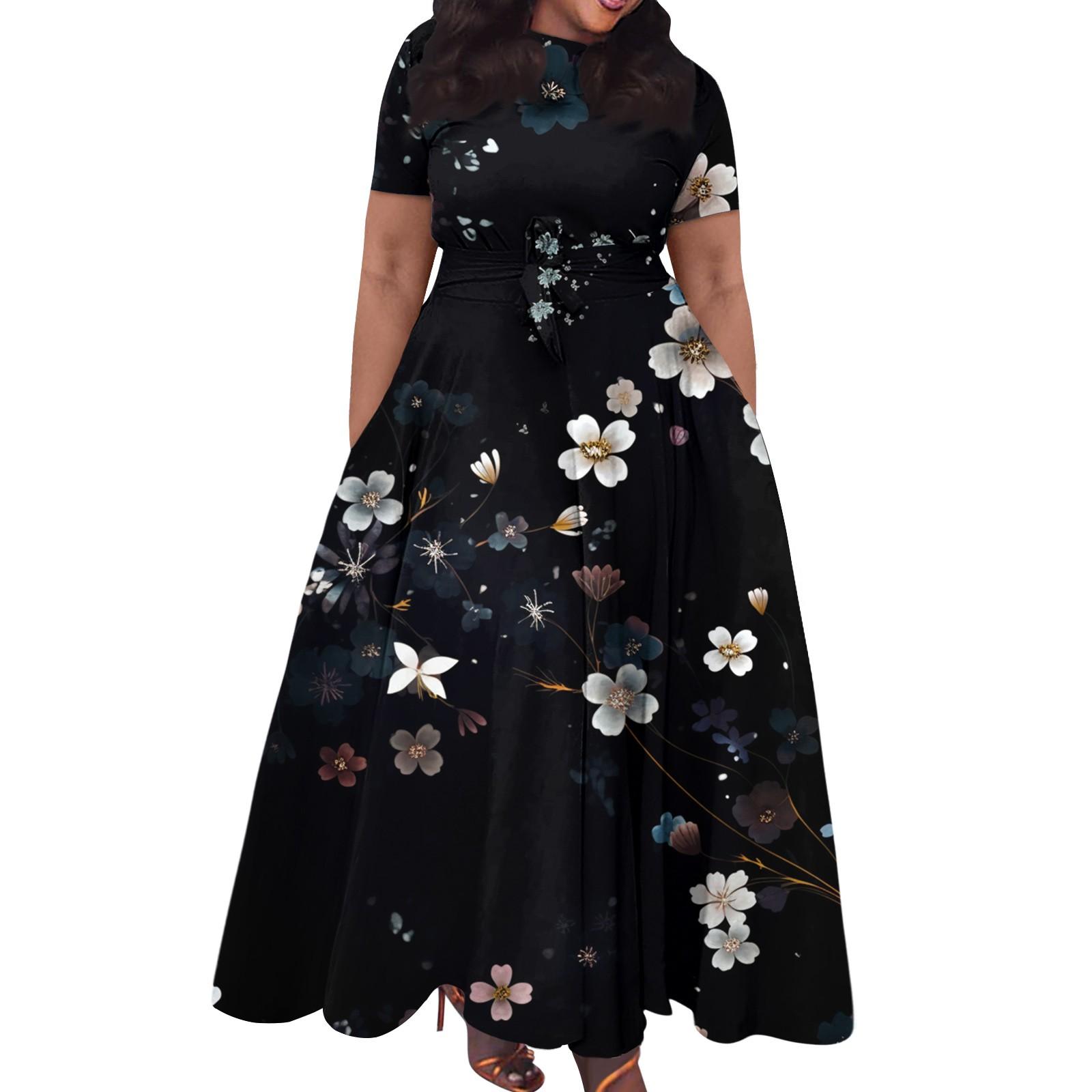 

Женское повседневное модное свободное платье большого размера с принтом, круглым вырезом и короткими рукавами, карманными бретелями XXXXL чёрный