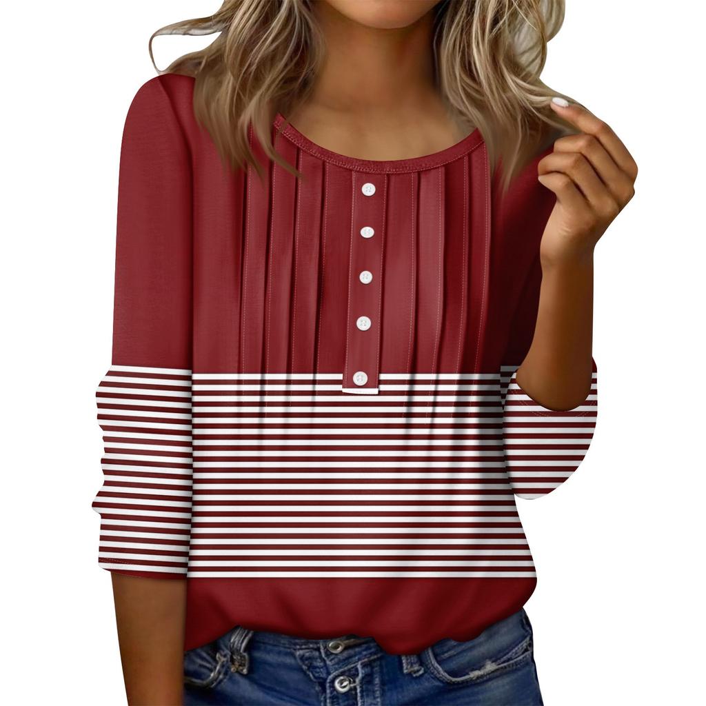 Women's Round Neck Pull Stripe Decorative Button Top Casual Solid Color 3/4 Sleeve T Shirt
