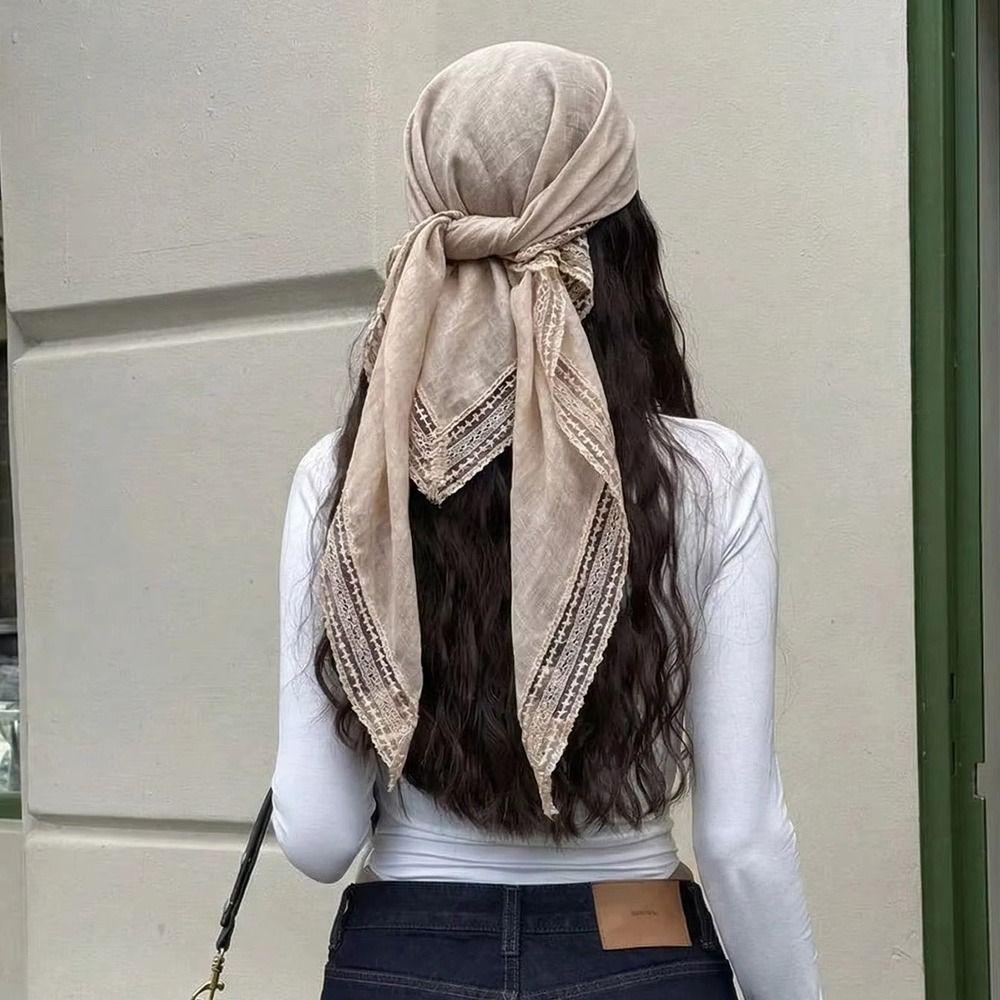 Square Shape Lace Trim Scarf Breathable Sun-Protection Shawl Fashion Bohemian Scarf
