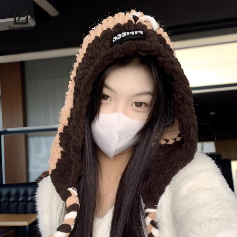 Korean Big Head Circumference Thick Thread Pullover Hat for Women's Handmade Warm Knitted Hat Outdoor Wool Hat