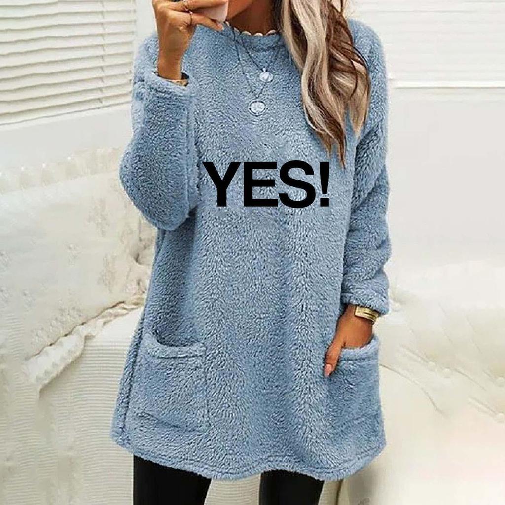 Women's Letter Print Round Neck Loose Long Sleeve Pocket Plush Hoodie - Autumn/Winter Collection