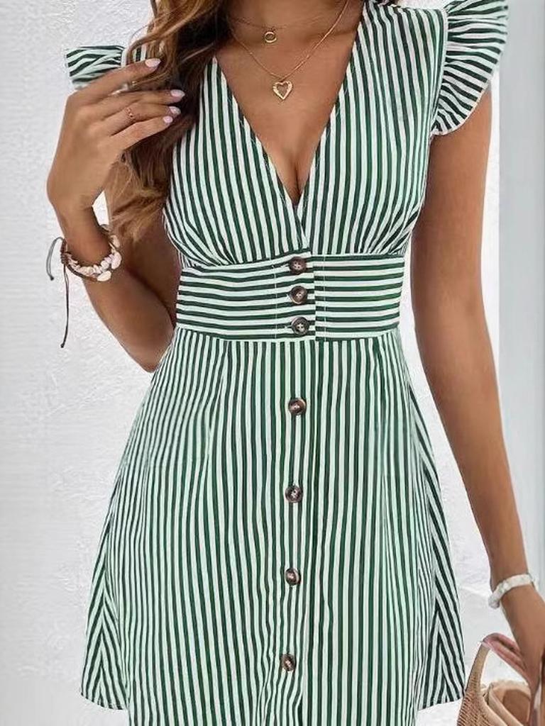 New Summer Women's Fashion Striped Printed V-Neck Flare Sleeve Dress