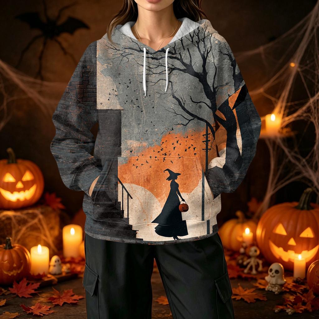 Ladies fashion casual Halloween printed drawstring hooded sweater with pockets