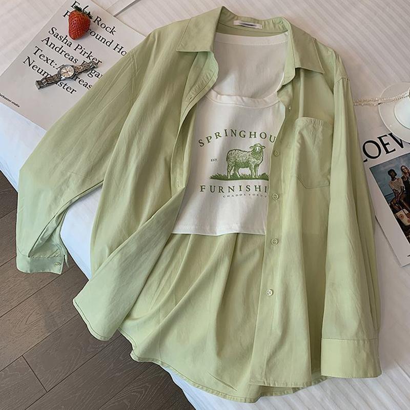 Simple Women Shirt Korean Loose Long Sleeve Chic Button Up Casual Fall Office Ladies Blouse