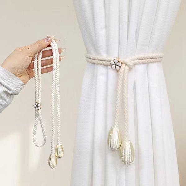 2Pcs Floral Elastic Curtain Tiebacks, No Drill Universal Size Woven Band for Drapes, Window Holdbacks