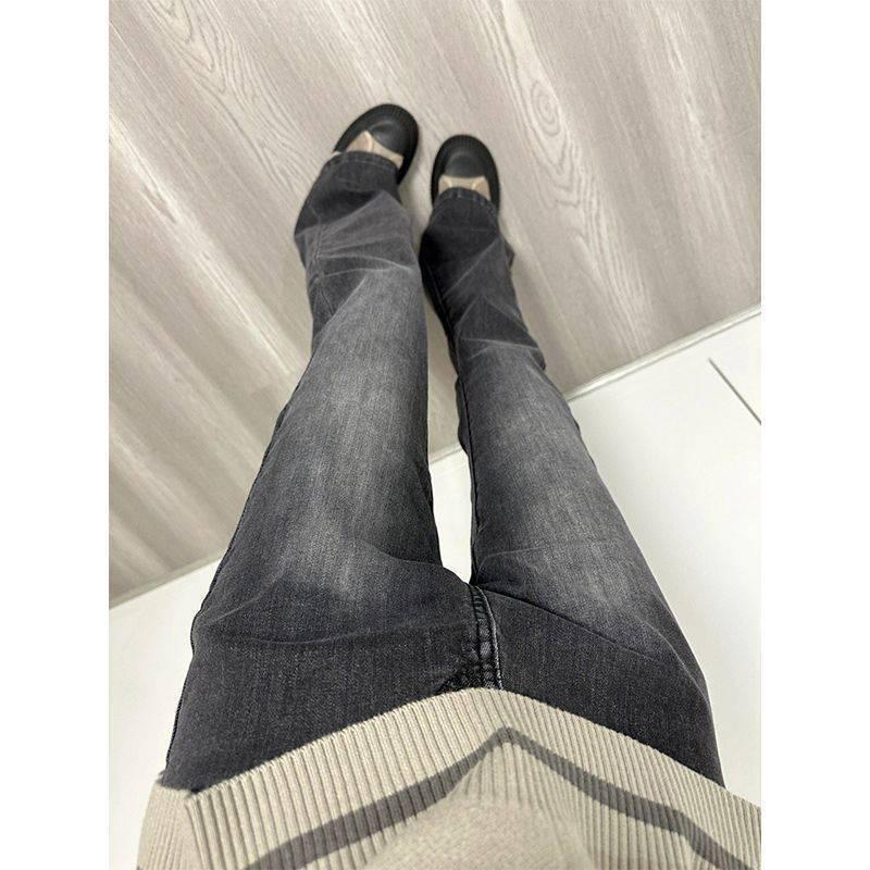 Women's Retro Black-Gray Flared Jeans - Slim Fit, Extra Long & Elastic Floor-Length Pants for Spring