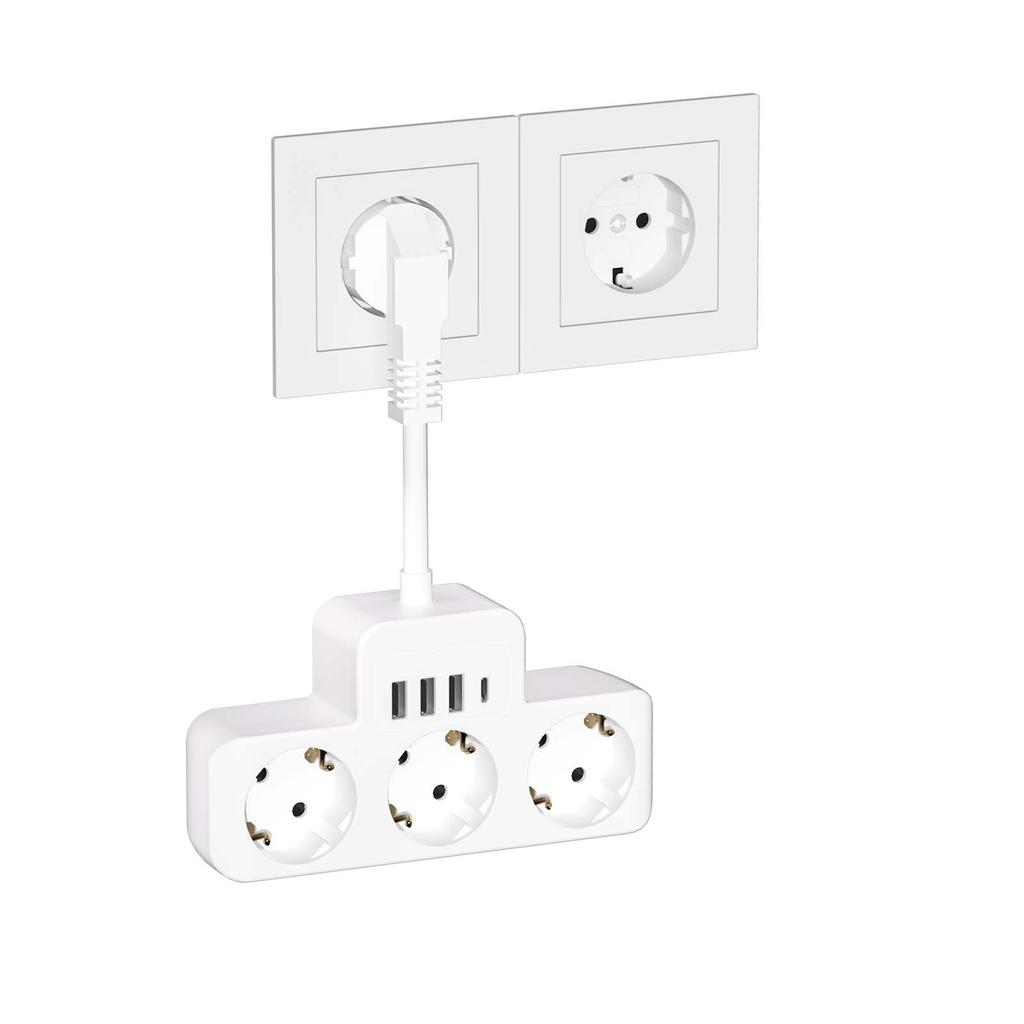 EU Plug Power Strip with 3 USB Type C Fast Charge, Multiple Socket Wall Plug Adapter Electric Outlet Surge Protector for Home