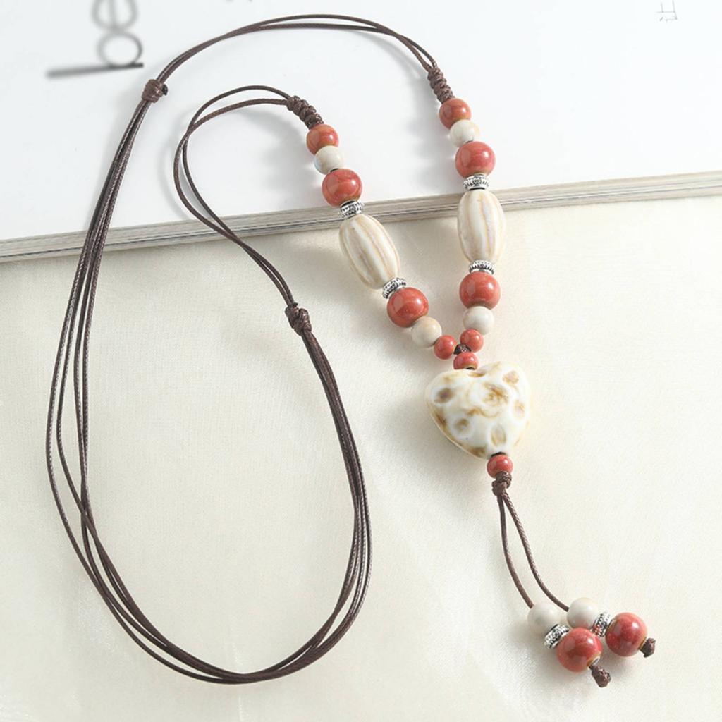 Handmade Heart-shaped Ceramic Pendant Necklace for Women Men Adjustable Necklace Ethnic Style Jewelry Gift