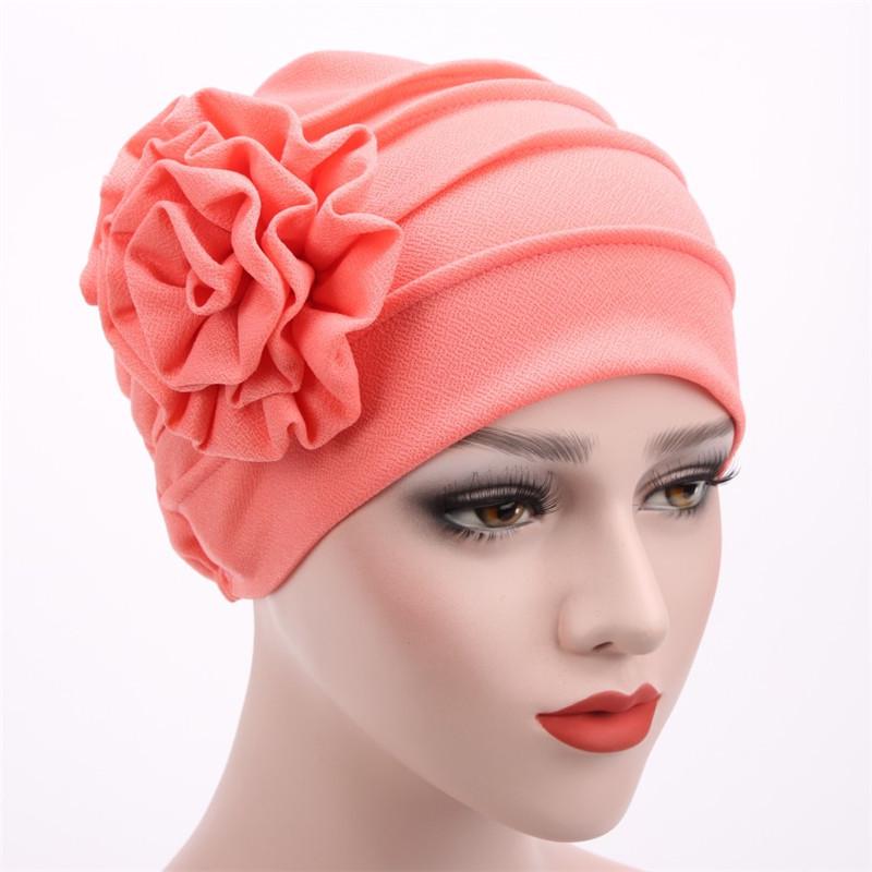 Muslim Fashion Solid Color Women Hijab Turban Beanie Hat Wth Flower Chemo Headwear Elastic Head Wrap Cap