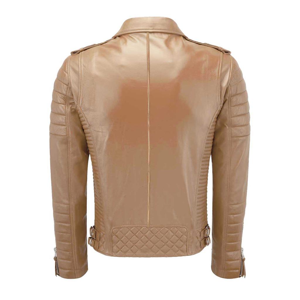 SKINOUTFIT Men's Motorcycle Leather Jacket Genuine Camel Beige Lambskin Café Racer Biker Outerwear