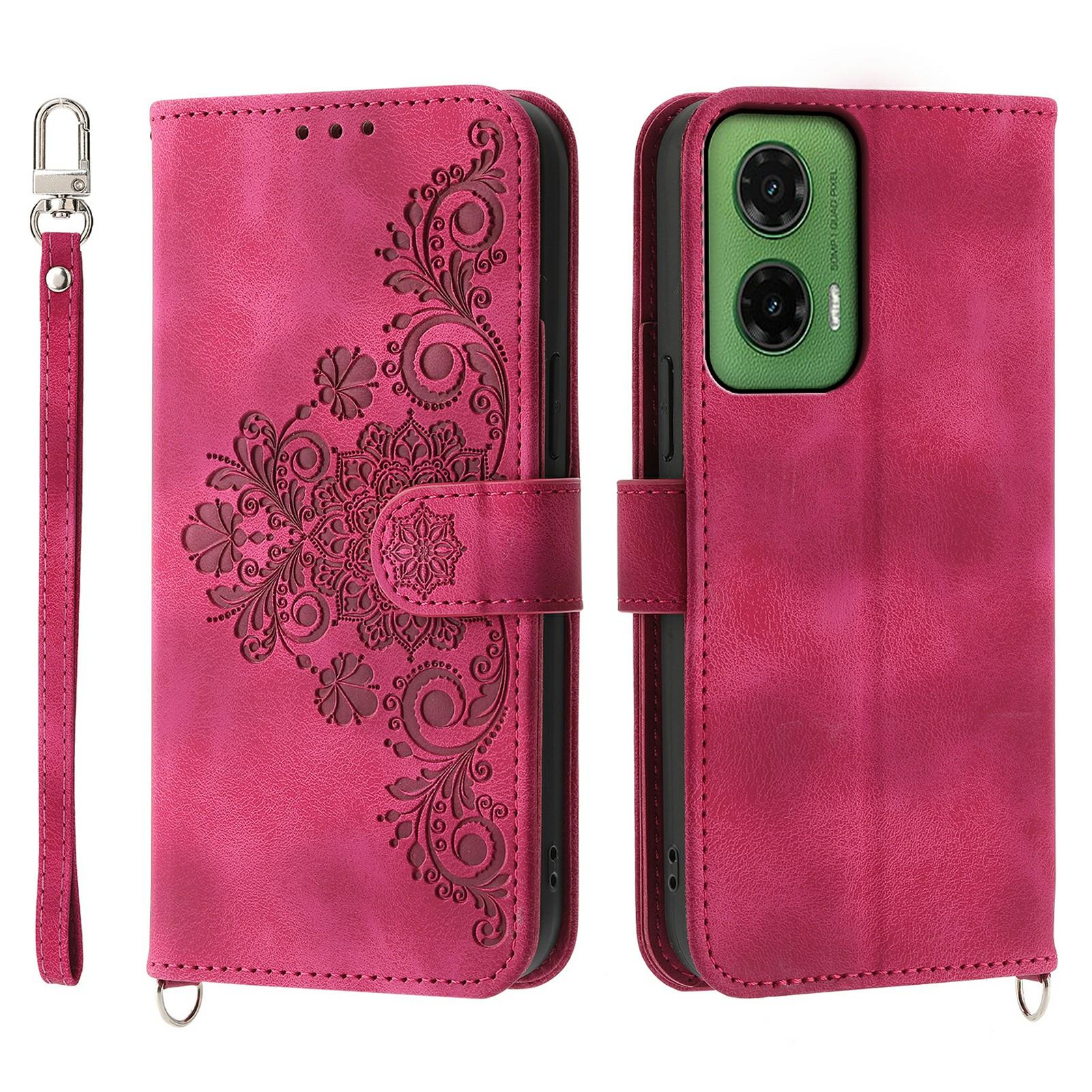 

For Motorola Moto G35 5G Case Flower Pattern PU Leather Wallet Phone Cover with Strap Wine Red
